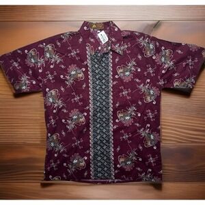 NEW Surya Batik Halus Short Sleeve Floral Shirt Maroon Red Men's Large Hawaiian